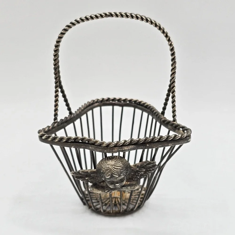 Vintage Silver Tone Wire Metal Decorative Mini Basket Angel Cherub On Front